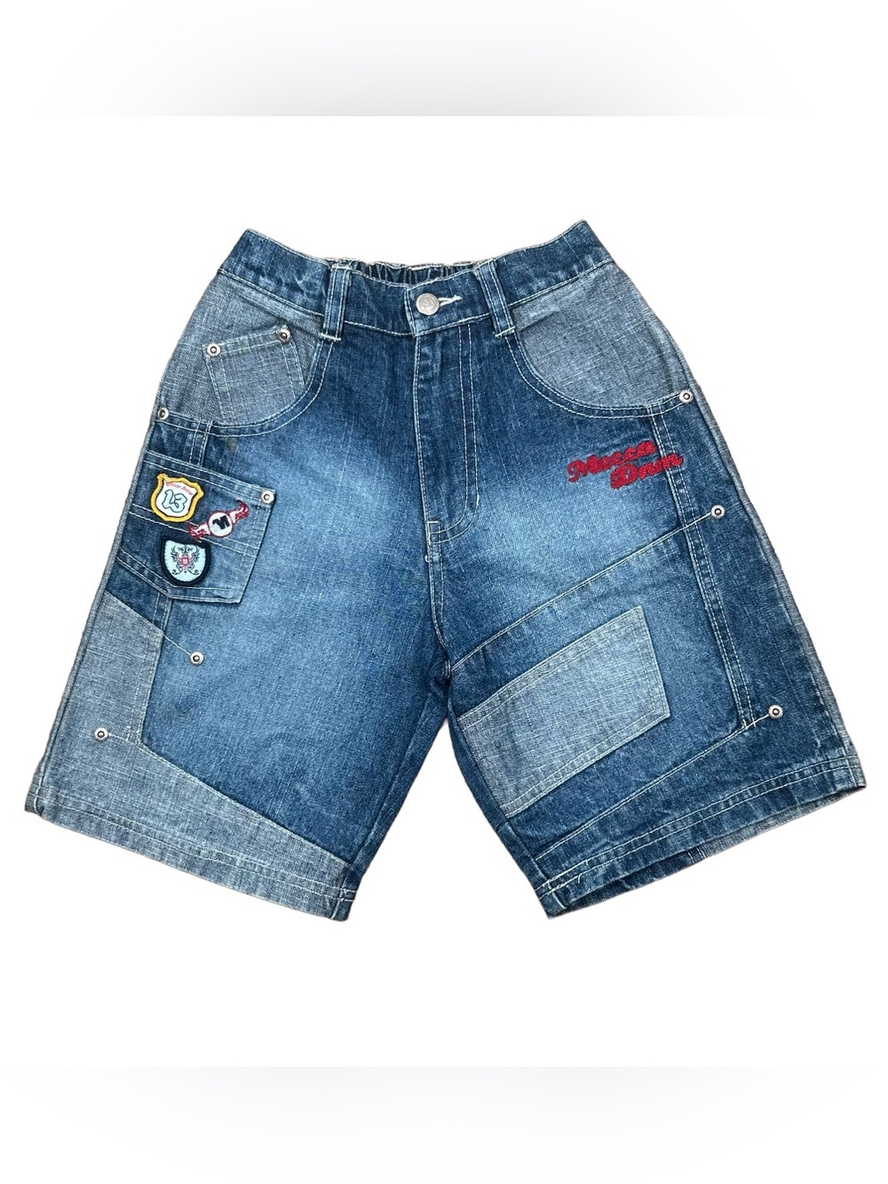 VINTAGE 2000s Mecca Boys Graphic Patch Blue Denim Jean Shorts Size 6 Streetwear